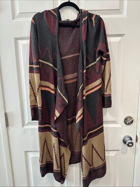 Foreign Exchange Open-Front Hooded Aztec Cardigan - Burgundy/Gray/Tan